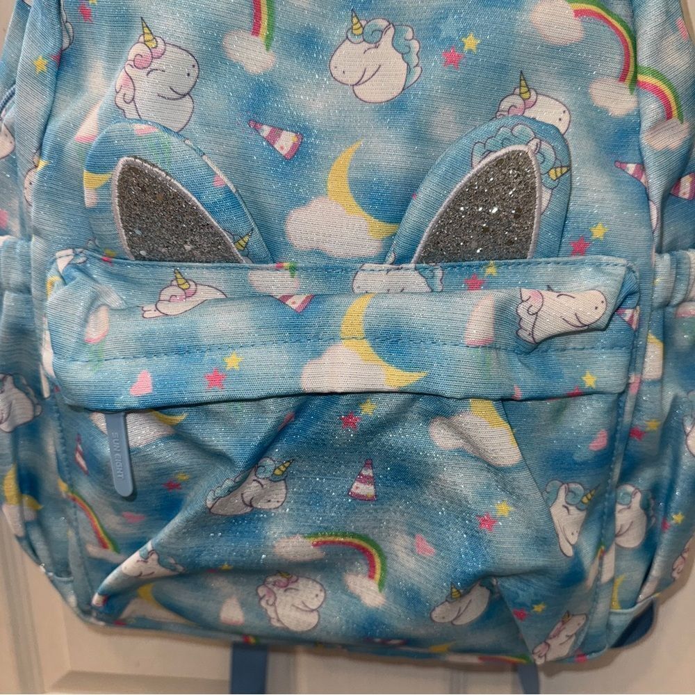 Sun Eight full size light blue unicorn print kids backpack with keychain- NWT - Picture 3 of 9